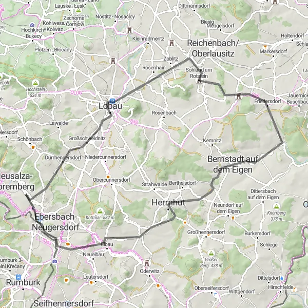 Map miniature of "Dresden - Wacheberg - Friedersdorf - Löbau" cycling inspiration in Dresden, Germany. Generated by Tarmacs.app cycling route planner