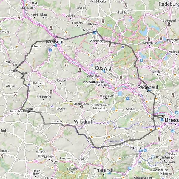 Map miniature of "Exploring Vineyards and Historic Towns" cycling inspiration in Dresden, Germany. Generated by Tarmacs.app cycling route planner