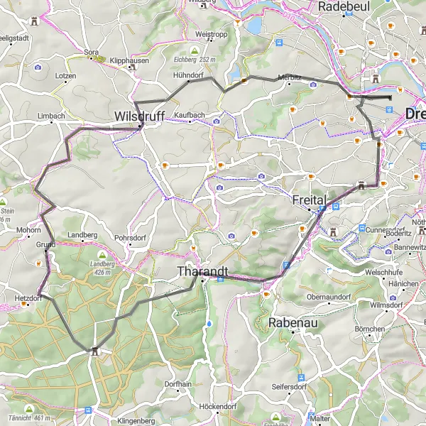 Map miniature of "Dresden Trümmerberge Ride" cycling inspiration in Dresden, Germany. Generated by Tarmacs.app cycling route planner