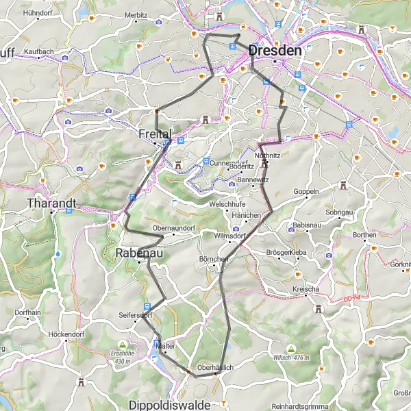 Map miniature of "Challenging Route through Cultural Gems" cycling inspiration in Dresden, Germany. Generated by Tarmacs.app cycling route planner