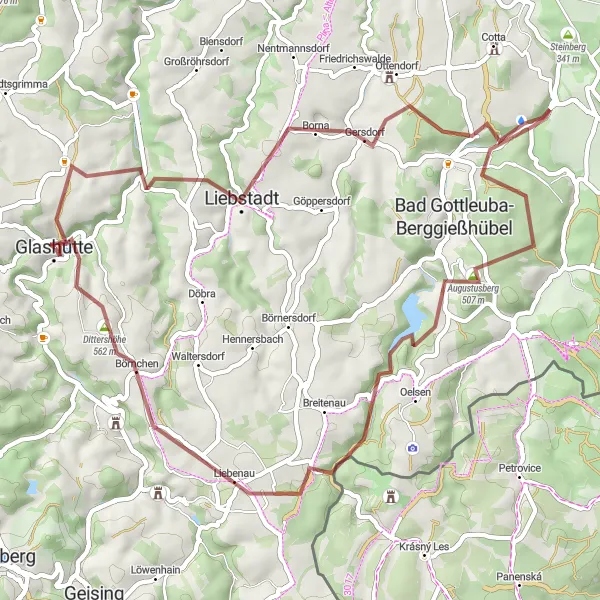 Karten-Miniaturansicht der Radinspiration "Gravel-Abenteuer im Osterzgebirge" in Dresden, Germany. Erstellt vom Tarmacs.app-Routenplaner für Radtouren