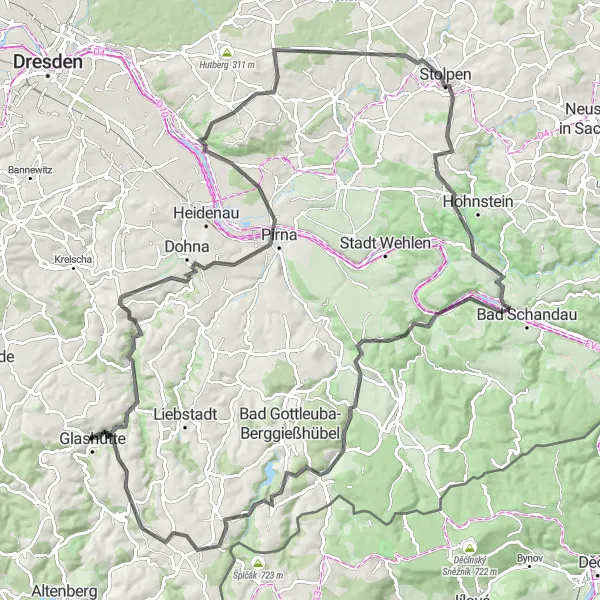 Map miniature of "Epic Road Journey to Stolpen Castle" cycling inspiration in Dresden, Germany. Generated by Tarmacs.app cycling route planner