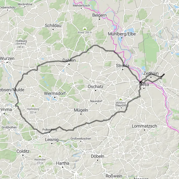 Map miniature of "The Zeithain Circuit" cycling inspiration in Dresden, Germany. Generated by Tarmacs.app cycling route planner