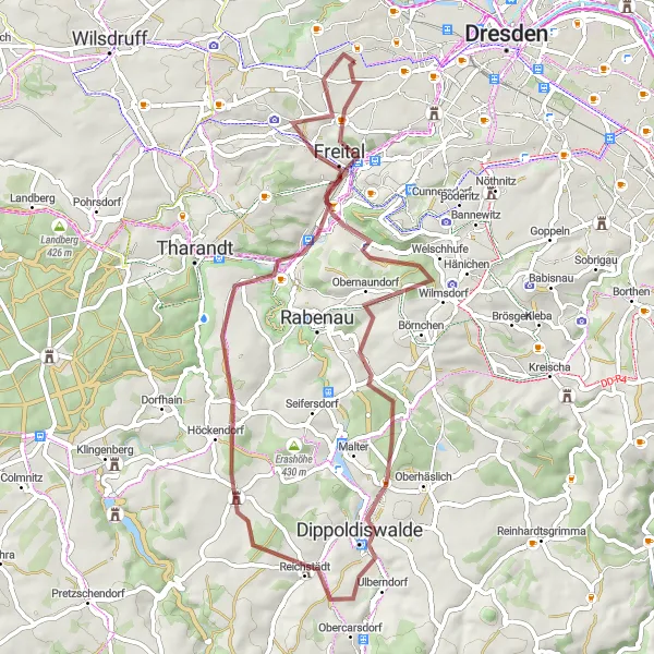 Map miniature of "The Gravel Treasures of Gorbitz" cycling inspiration in Dresden, Germany. Generated by Tarmacs.app cycling route planner