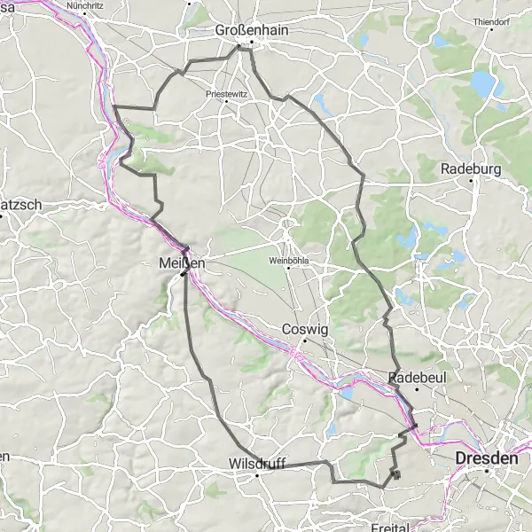 Map miniature of "Gorbitz to Großenhain Road Cycling Route" cycling inspiration in Dresden, Germany. Generated by Tarmacs.app cycling route planner
