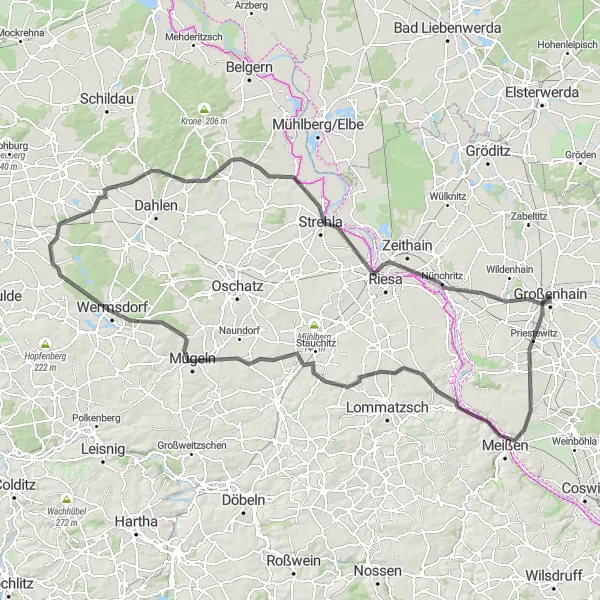 Map miniature of "Grand Tour of Großenhain" cycling inspiration in Dresden, Germany. Generated by Tarmacs.app cycling route planner