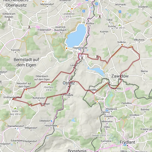 Karten-Miniaturansicht der Radinspiration "Erlebnisreiche Graveltour durch Radomierzyce und Ostritz" in Dresden, Germany. Erstellt vom Tarmacs.app-Routenplaner für Radtouren