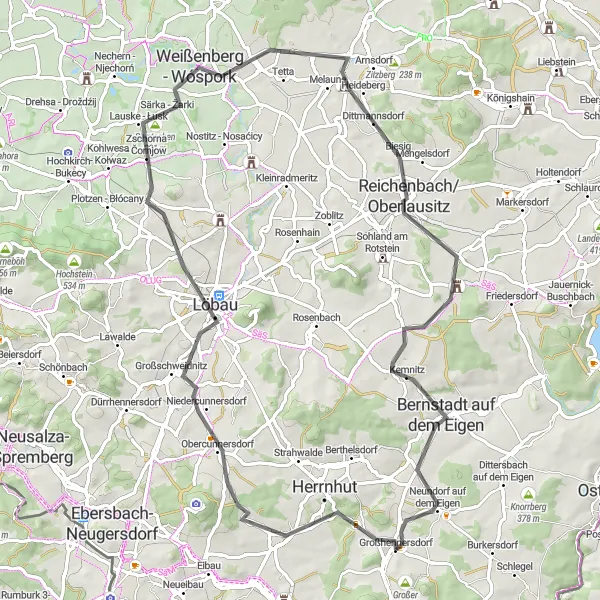 Map miniature of "Road Cycling Adventure in Lusatia" cycling inspiration in Dresden, Germany. Generated by Tarmacs.app cycling route planner