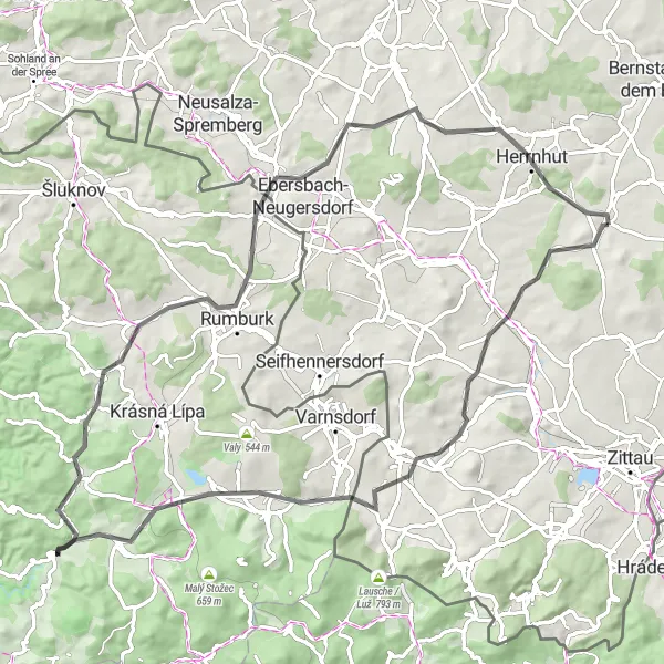 Map miniature of "The Circle of Southern Escarpment" cycling inspiration in Dresden, Germany. Generated by Tarmacs.app cycling route planner