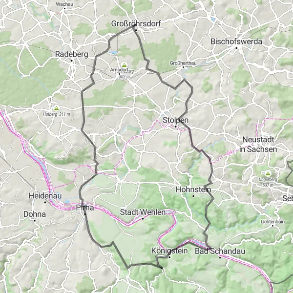 Map miniature of "Stolpen Exploration" cycling inspiration in Dresden, Germany. Generated by Tarmacs.app cycling route planner