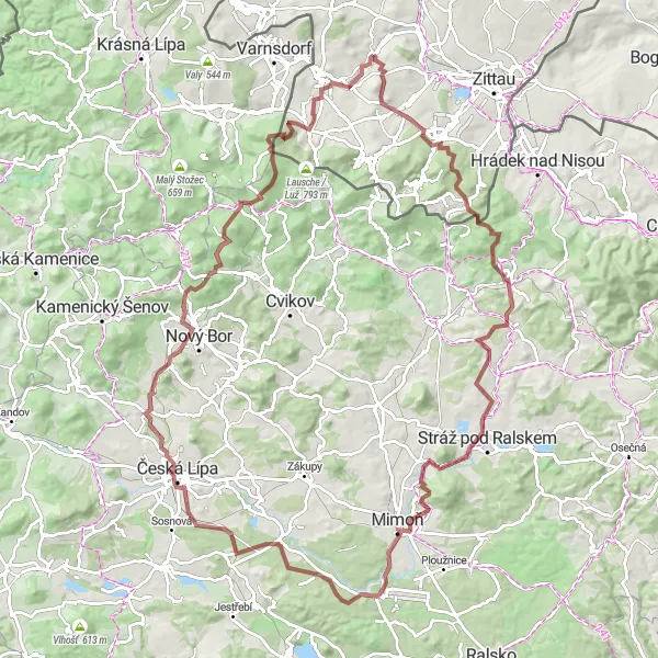 Map miniature of "Epic Gravel Adventure: Hainewalde to Česká Lípa" cycling inspiration in Dresden, Germany. Generated by Tarmacs.app cycling route planner