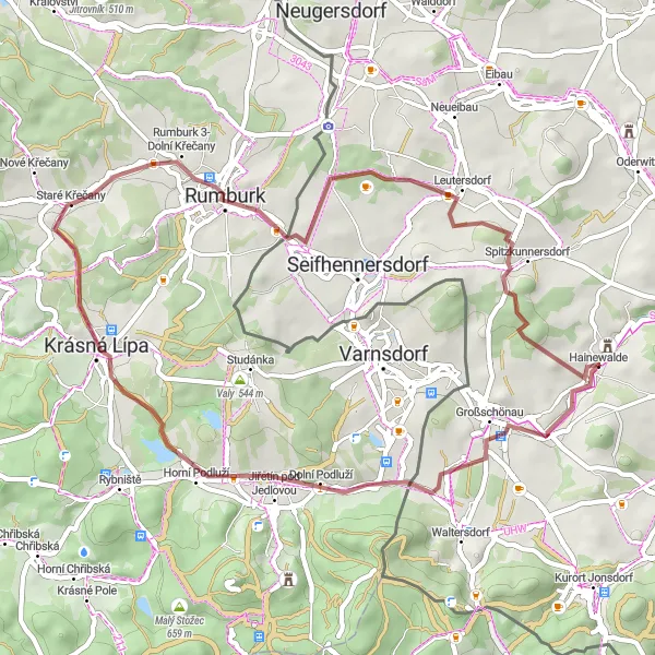 Karten-Miniaturansicht der Radinspiration "Gravel-Tour zu Peukers Aussicht und Rumburk" in Dresden, Germany. Erstellt vom Tarmacs.app-Routenplaner für Radtouren