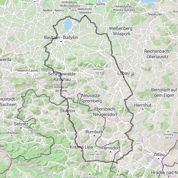 Map miniature of "Žulovec and Kapellenberg Scenic Road Tour" cycling inspiration in Dresden, Germany. Generated by Tarmacs.app cycling route planner