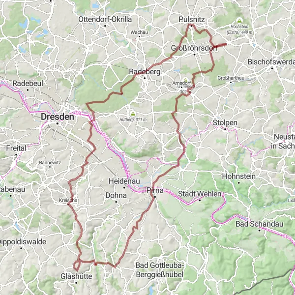 Map miniature of "Bretnig and Klippenstein Castle Gravel Cycling Expedition" cycling inspiration in Dresden, Germany. Generated by Tarmacs.app cycling route planner