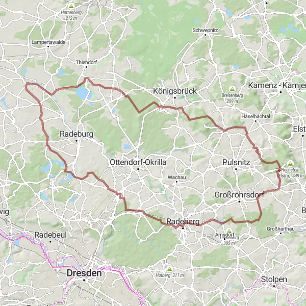 Map miniature of "Bretnig and Tauscha Gravel Cycling Journey" cycling inspiration in Dresden, Germany. Generated by Tarmacs.app cycling route planner