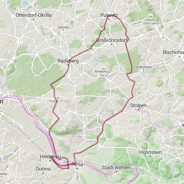 Map miniature of "Radeberg Exploration (Gravel Cycling)" cycling inspiration in Dresden, Germany. Generated by Tarmacs.app cycling route planner