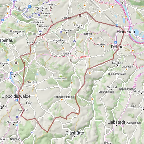 Map miniature of "Woodland Route" cycling inspiration in Dresden, Germany. Generated by Tarmacs.app cycling route planner