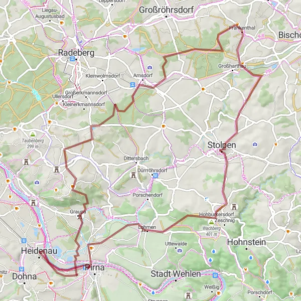 Map miniature of "Saxon Gravel Adventure" cycling inspiration in Dresden, Germany. Generated by Tarmacs.app cycling route planner