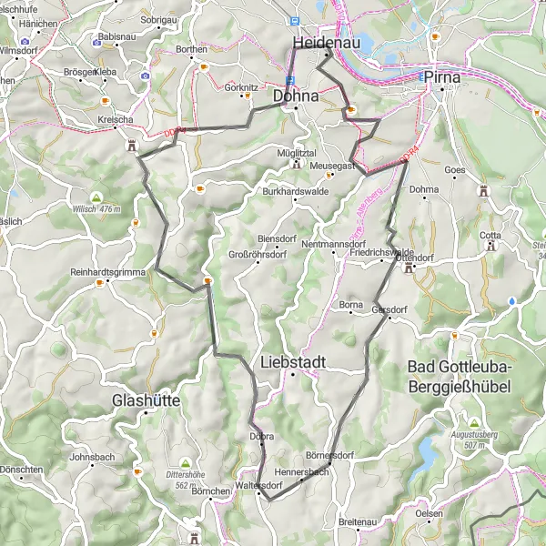 Karten-Miniaturansicht der Radinspiration "Die Elbtal-Runde von Heidenau" in Dresden, Germany. Erstellt vom Tarmacs.app-Routenplaner für Radtouren