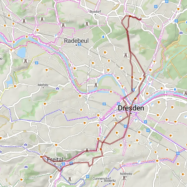 Map miniature of "Scenic Gravel Ride near Hellerau" cycling inspiration in Dresden, Germany. Generated by Tarmacs.app cycling route planner