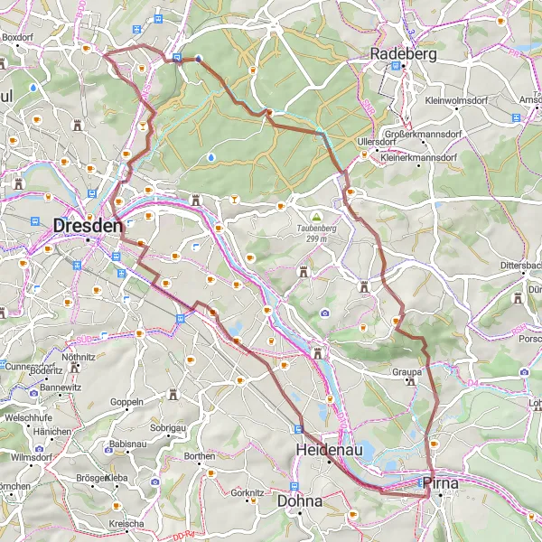 Map miniature of "Around Hellerau: Trobischberg, Prießnitzwasserfall, and more" cycling inspiration in Dresden, Germany. Generated by Tarmacs.app cycling route planner