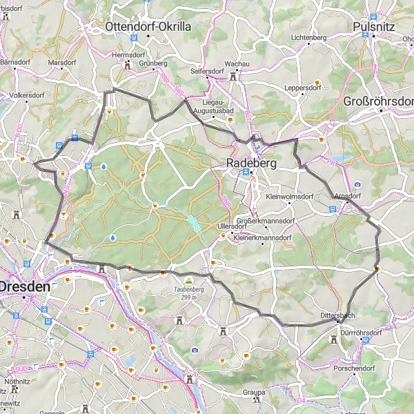 Karten-Miniaturansicht der Radinspiration "Weixdorf-Dittersbach-Rundtour" in Dresden, Germany. Erstellt vom Tarmacs.app-Routenplaner für Radtouren