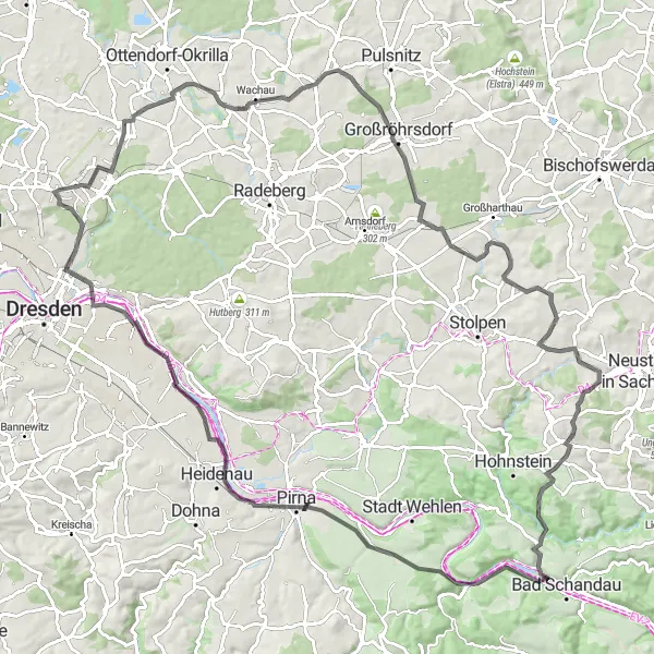 Map miniature of "Dresden Road Adventure" cycling inspiration in Dresden, Germany. Generated by Tarmacs.app cycling route planner