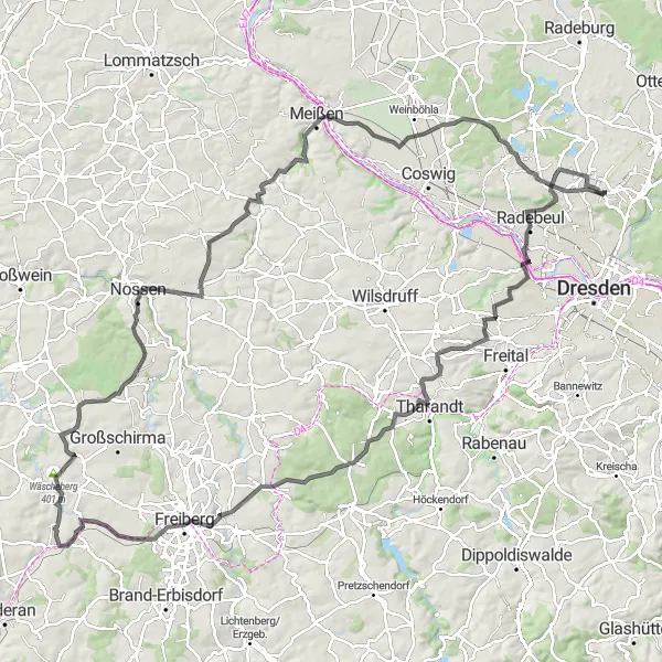 Map miniature of "Road Challenge with Scenic Views and Famous Landmarks" cycling inspiration in Dresden, Germany. Generated by Tarmacs.app cycling route planner