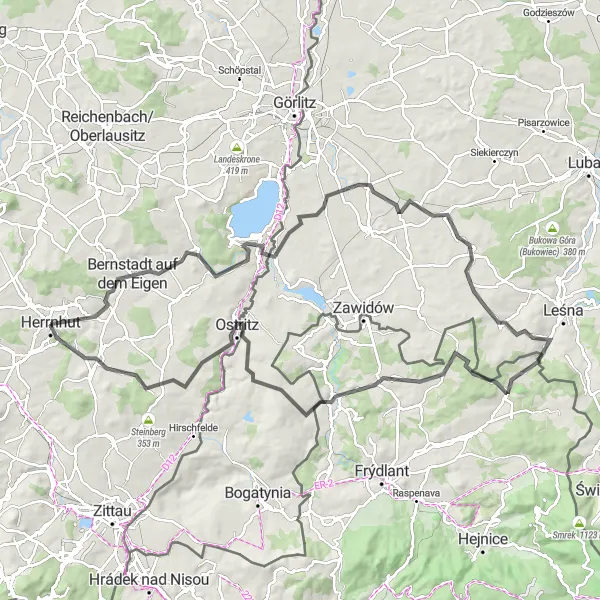 Karten-Miniaturansicht der Radinspiration "Herrnhut-Bikerunde durchs Zittauer Gebirge" in Dresden, Germany. Erstellt vom Tarmacs.app-Routenplaner für Radtouren