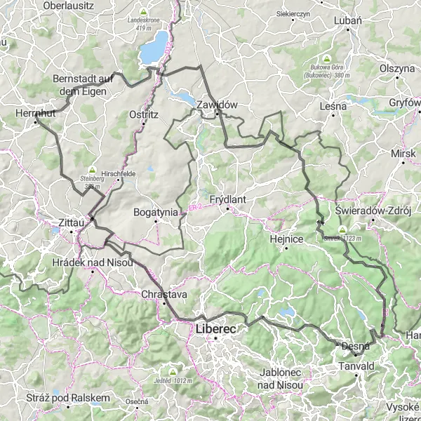 Map miniature of "Herrnhut to Jizerka Circuit" cycling inspiration in Dresden, Germany. Generated by Tarmacs.app cycling route planner