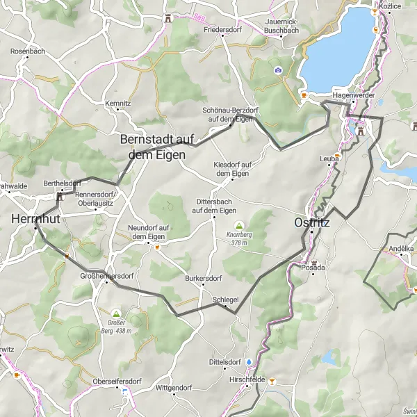 Map miniature of "Herrnhut to Großhennersdorf Loop" cycling inspiration in Dresden, Germany. Generated by Tarmacs.app cycling route planner