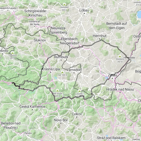 Map miniature of "The Hidden Gems of Olbersdorf and Kytlice" cycling inspiration in Dresden, Germany. Generated by Tarmacs.app cycling route planner