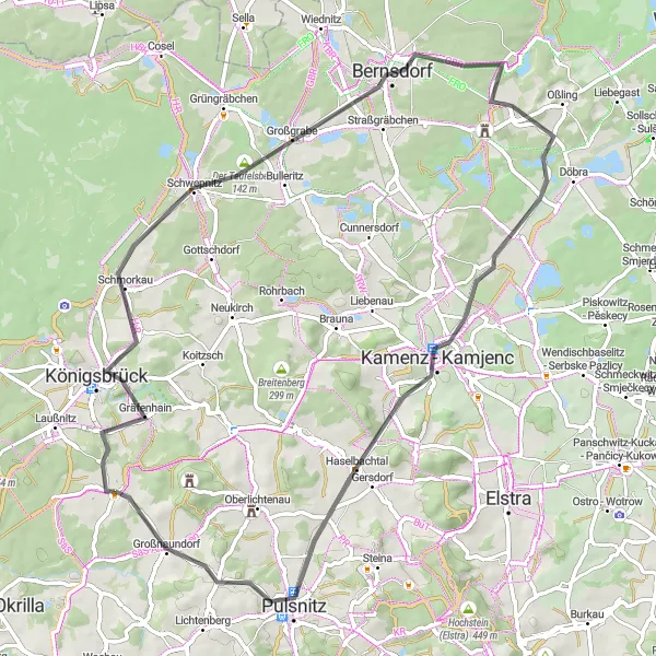 Map miniature of "Königsbrück Road Adventure" cycling inspiration in Dresden, Germany. Generated by Tarmacs.app cycling route planner