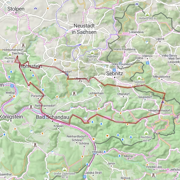 Karten-Miniaturansicht der Radinspiration "Hohnstein - Tanečnice - Kuhstall Rundfahrt" in Dresden, Germany. Erstellt vom Tarmacs.app-Routenplaner für Radtouren