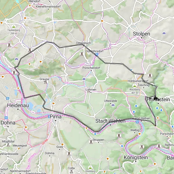 Karten-Miniaturansicht der Radinspiration "Hohnstein - Pirna - Galgenberg Rundfahrt" in Dresden, Germany. Erstellt vom Tarmacs.app-Routenplaner für Radtouren