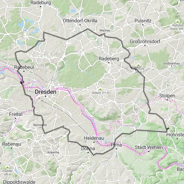 Map miniature of "The Saxon Countryside Ride" cycling inspiration in Dresden, Germany. Generated by Tarmacs.app cycling route planner