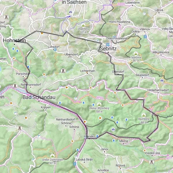 Map miniature of "Hohnstein and Beyond" cycling inspiration in Dresden, Germany. Generated by Tarmacs.app cycling route planner