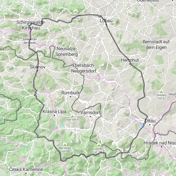 Map miniature of "Challenging Road Cycling Adventure" cycling inspiration in Dresden, Germany. Generated by Tarmacs.app cycling route planner