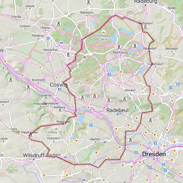 Map miniature of "Challenging Gravel Adventure near Klipphausen" cycling inspiration in Dresden, Germany. Generated by Tarmacs.app cycling route planner