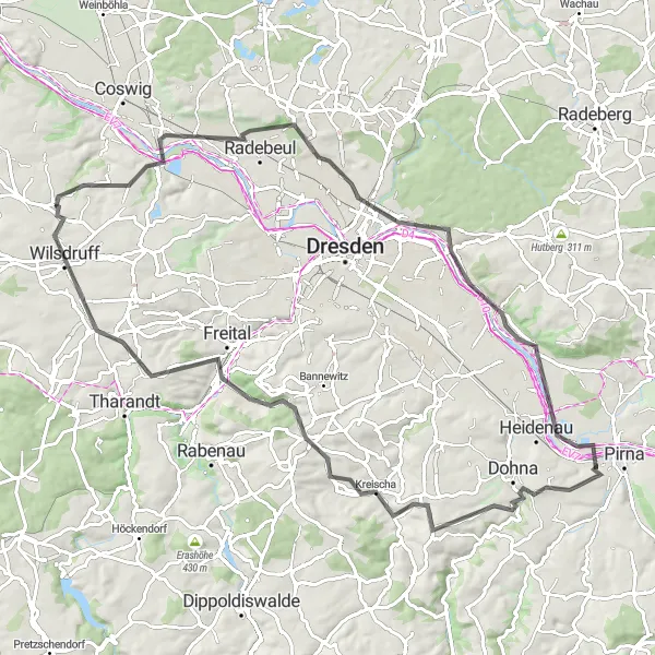 Map miniature of "Scenic Road Cycling Adventure near Klipphausen" cycling inspiration in Dresden, Germany. Generated by Tarmacs.app cycling route planner