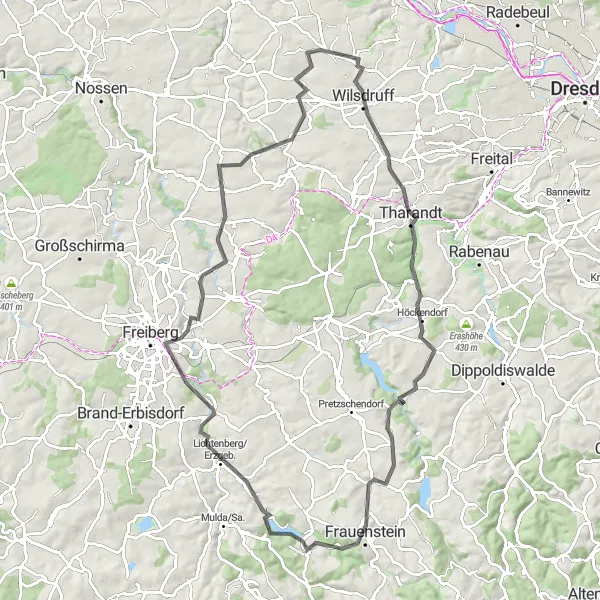Map miniature of "Journey through Wilsdruff, Rocky Mountains, and Sora" cycling inspiration in Dresden, Germany. Generated by Tarmacs.app cycling route planner