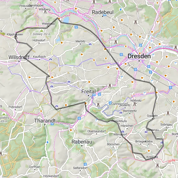 Map miniature of "Unforgettable Journey through Bismarckturm Dresden-Cossebaude and Sachsdorf" cycling inspiration in Dresden, Germany. Generated by Tarmacs.app cycling route planner