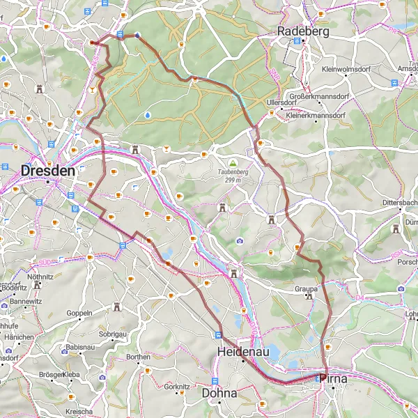 Map miniature of "The Spitzhübel Gravel Escape" cycling inspiration in Dresden, Germany. Generated by Tarmacs.app cycling route planner