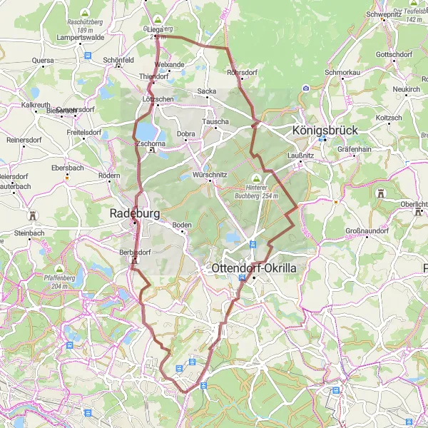 Map miniature of "The Hirschberg Gravel Adventure" cycling inspiration in Dresden, Germany. Generated by Tarmacs.app cycling route planner