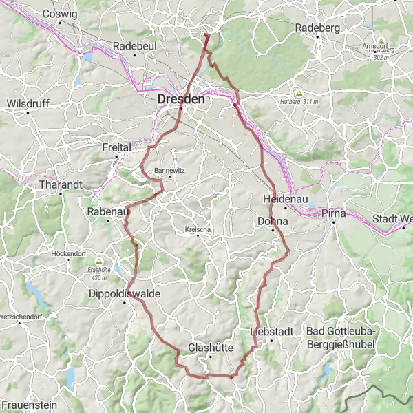 Map miniature of "A Forest Gravel Adventure" cycling inspiration in Dresden, Germany. Generated by Tarmacs.app cycling route planner