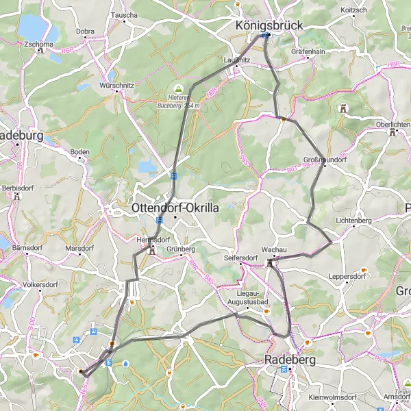 Map miniature of "Klotzsche to Lerchenberg and back" cycling inspiration in Dresden, Germany. Generated by Tarmacs.app cycling route planner