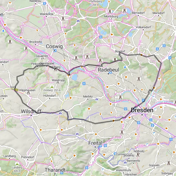 Map miniature of "Spitzhübel and Kötzschenbroda Road Cycling Route" cycling inspiration in Dresden, Germany. Generated by Tarmacs.app cycling route planner