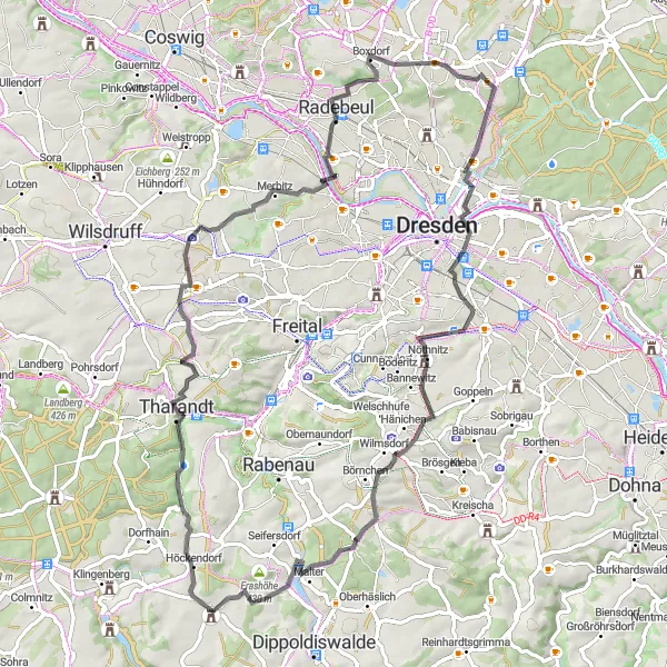 Map miniature of "Spitzhübel and Paulsdorf Road Cycling Route" cycling inspiration in Dresden, Germany. Generated by Tarmacs.app cycling route planner