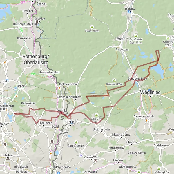 Map miniature of "Lakes and Forests Gravel Loop" cycling inspiration in Dresden, Germany. Generated by Tarmacs.app cycling route planner