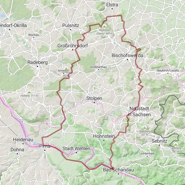 Map miniature of "Gravel Adventure through the Elbe Sandstone Mountains" cycling inspiration in Dresden, Germany. Generated by Tarmacs.app cycling route planner